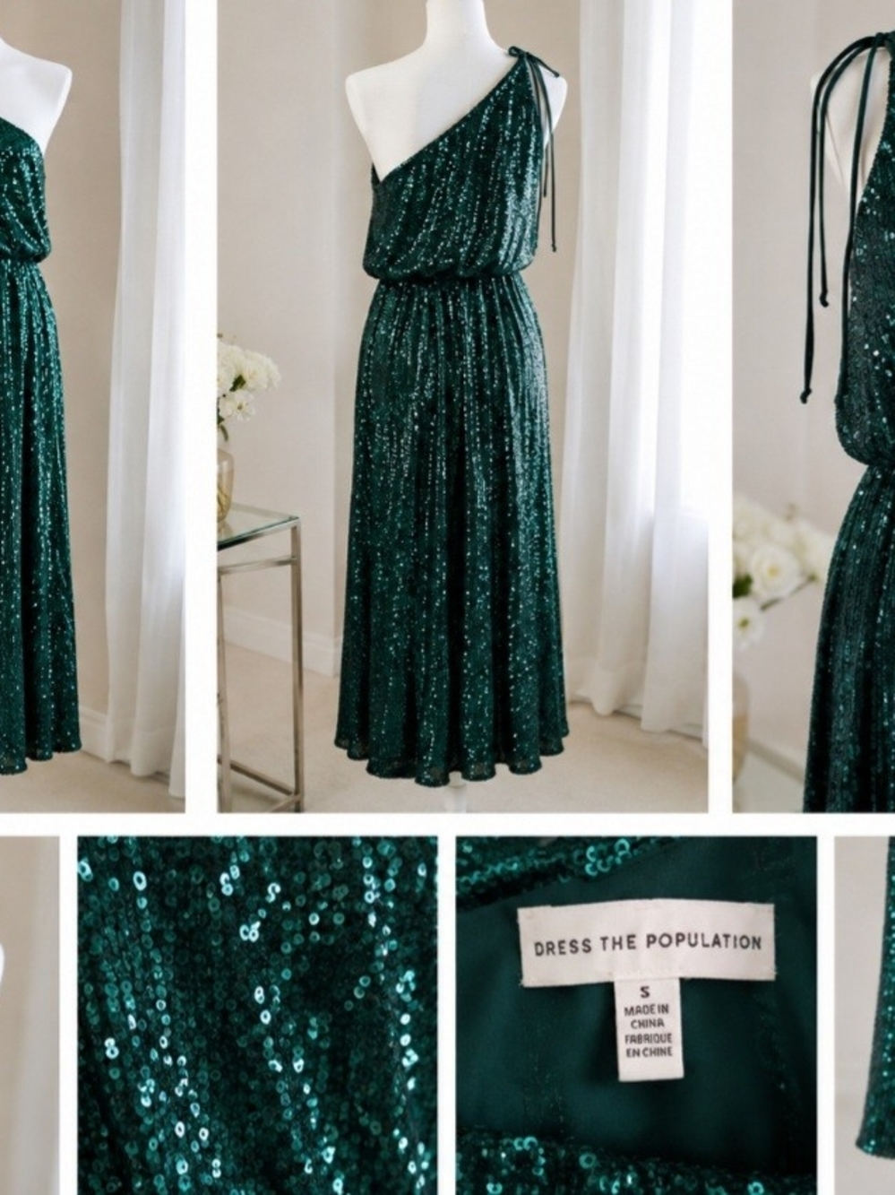 ✨ Dress the Population Emerald Green Sequin One-Shoulder Dress – Size S ✨